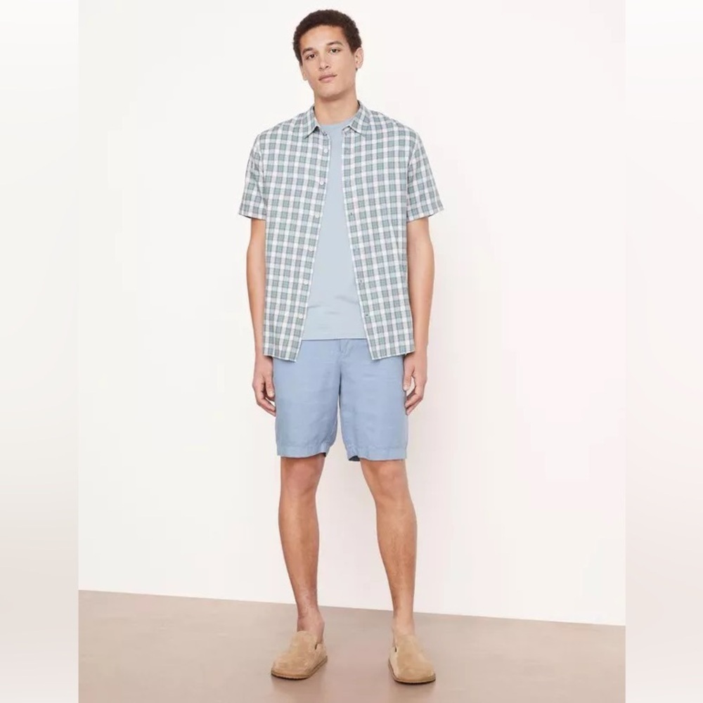 NWT Vince Mens Cannes Plaid Short Sleeve Shirt - Teal Pool XXL